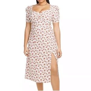 Danielle Bernstein Midi Length Dress Short Puff Sleeve Red White Flower Print